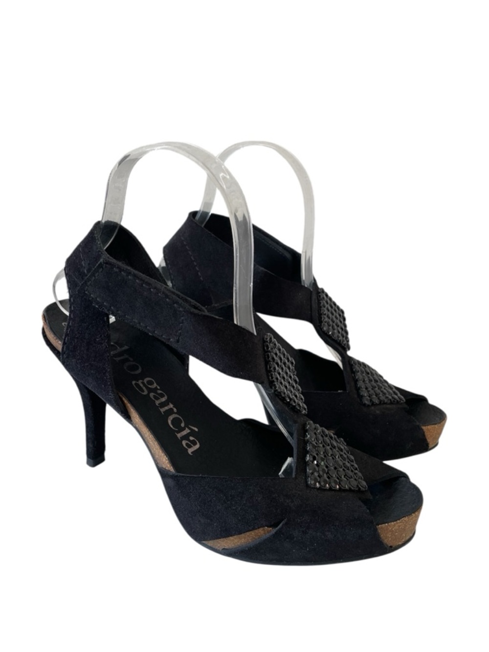 Pedro Garcia Black Swarovski Crystal Suede Sandal Heels Size 37 1/2